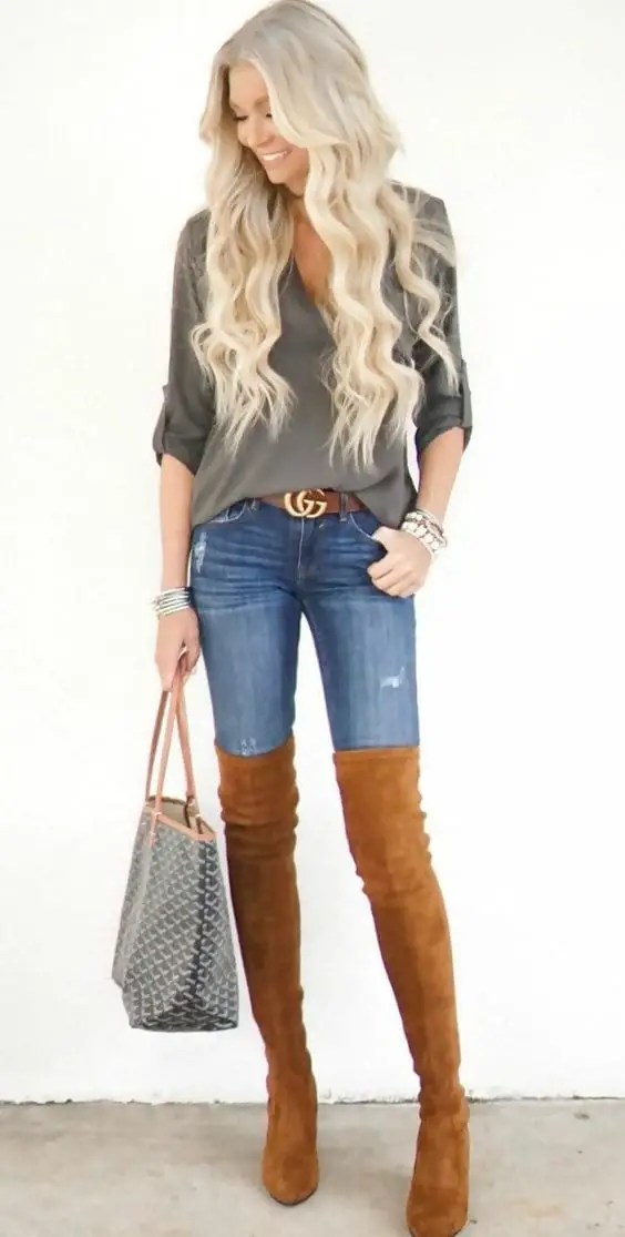 denim dress with thigh high boots
