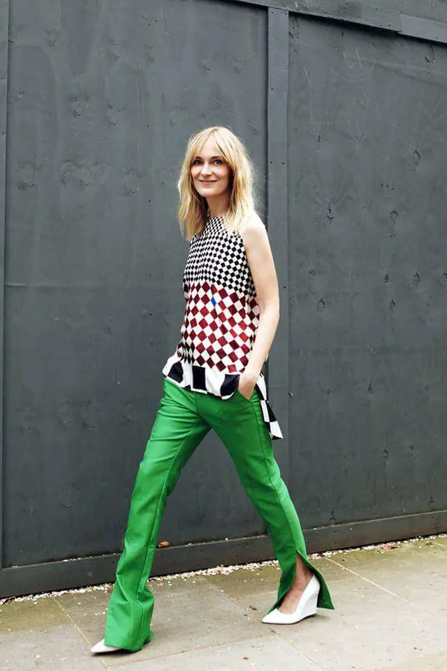 a girl with Kelly green pant