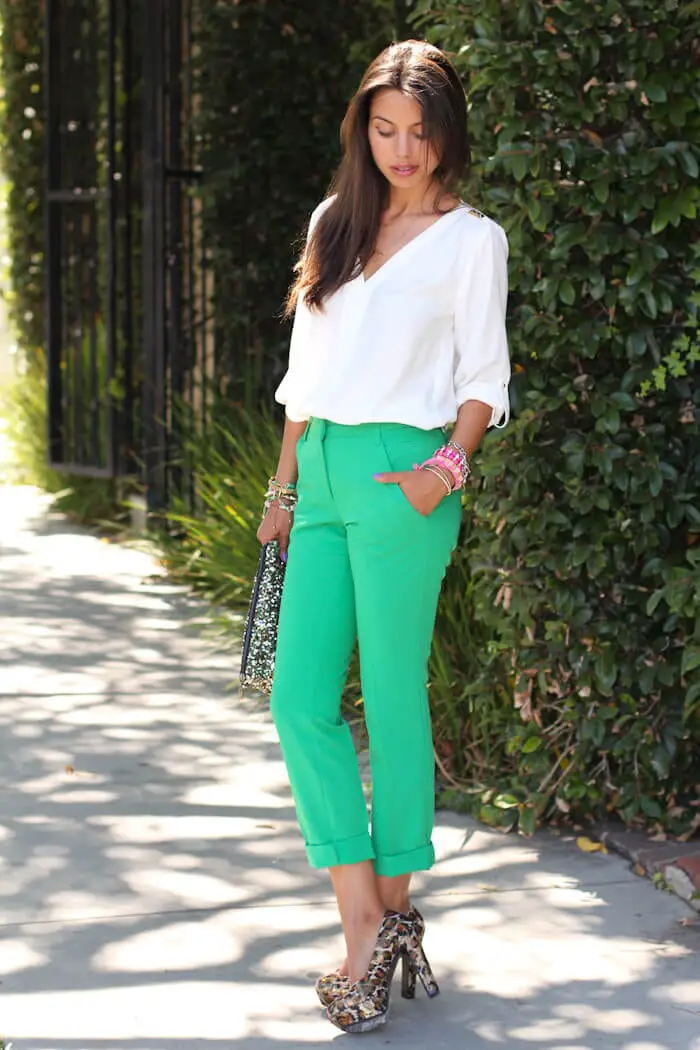 a girl with Bright green pants