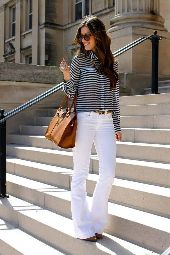 Black and White Striped Shirt with Flared Trousers