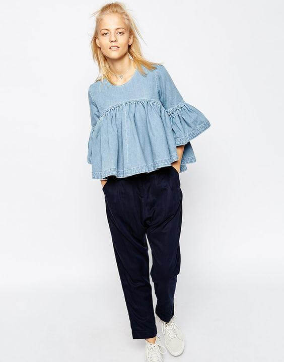 Denim Frilled Blouse with Comfy Pants