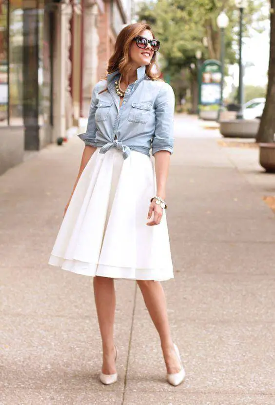 Chambray Blouse with White Skirt