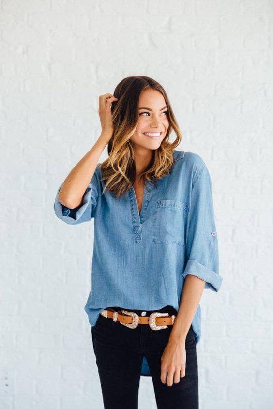 Half Button Chambray Blouse