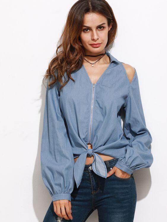 Chambray Shirt Women with Cut out Detailing