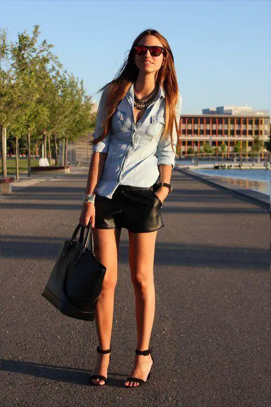 Chambray Button Down Top with Leather Shorts