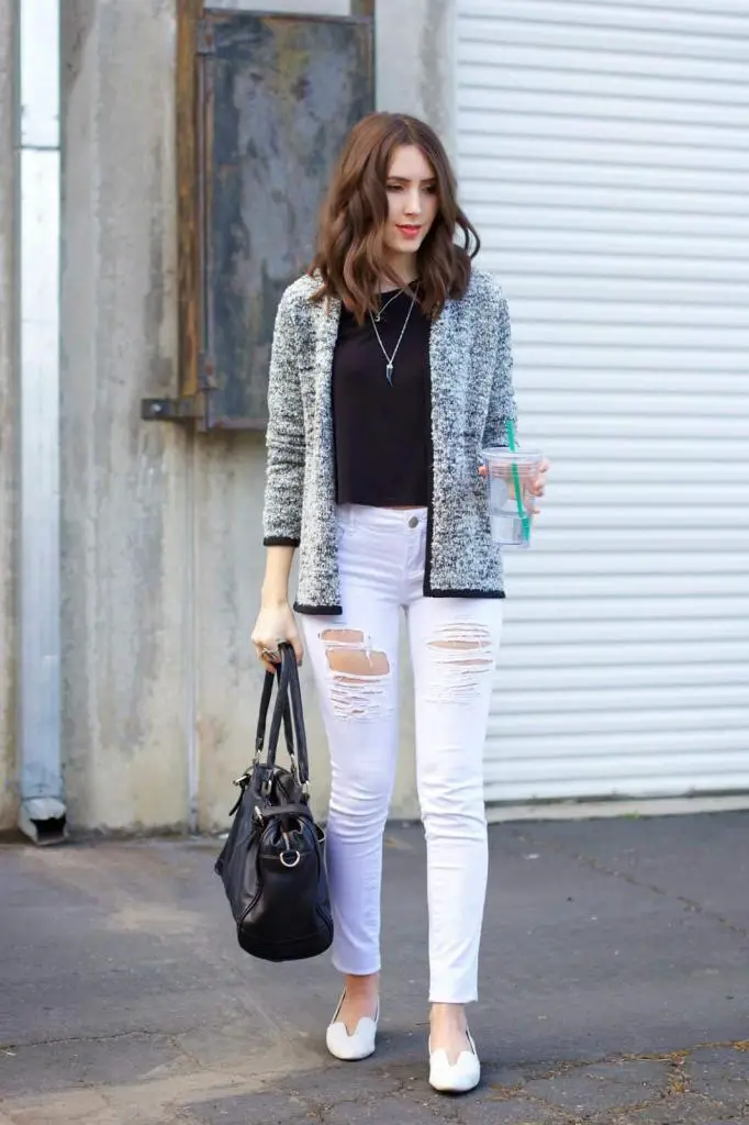 Distressed White Jeans with Denim Blouse
