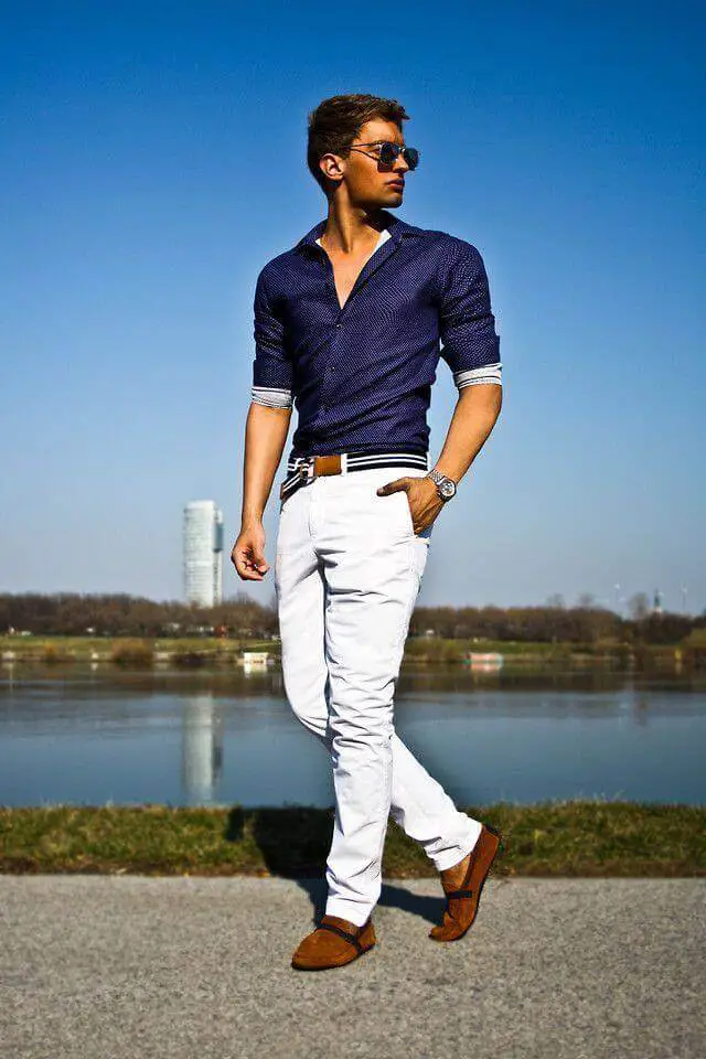 White Jeans with Navy Blue Shirt