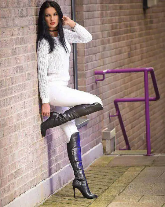 White Jeans with Knee-Length Boots
