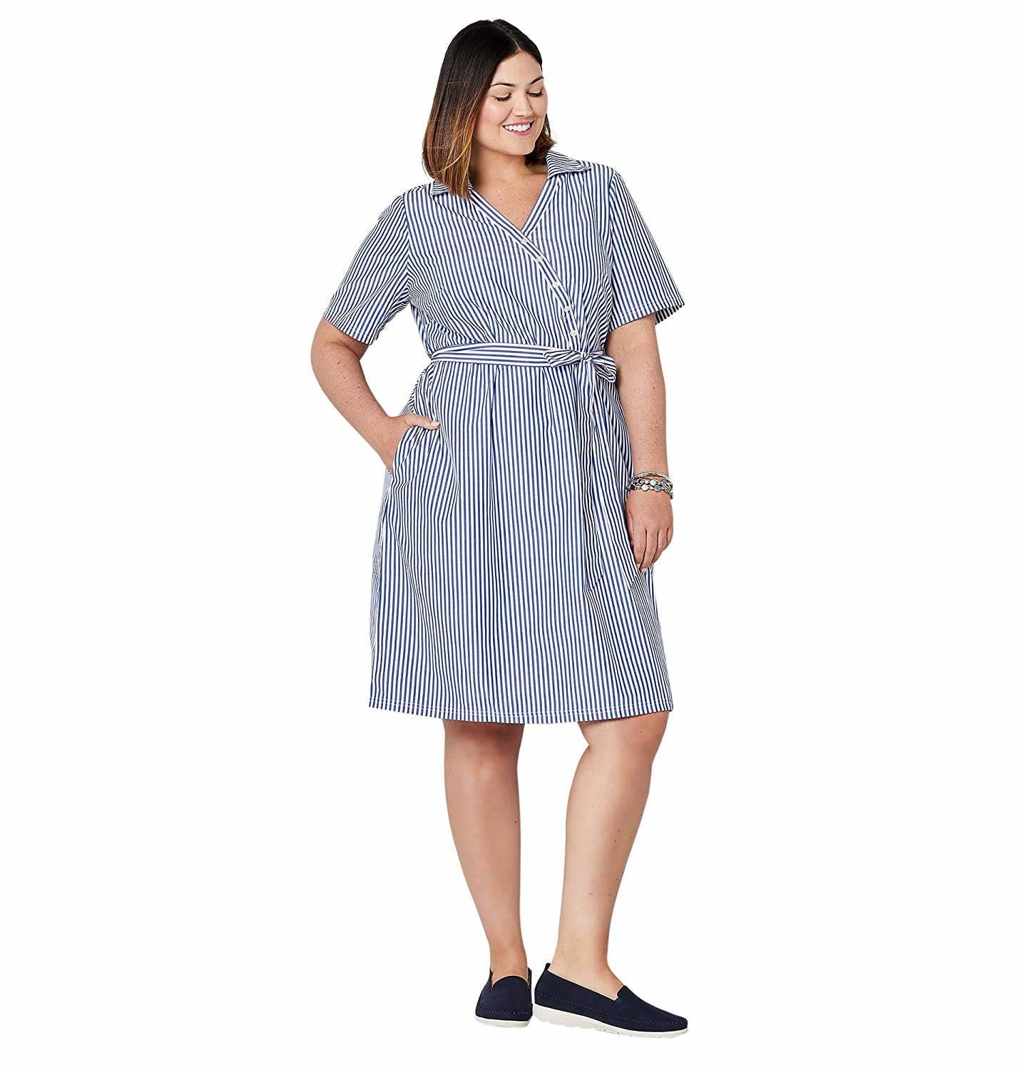 plus size Striped Cotton Knee-length Dress