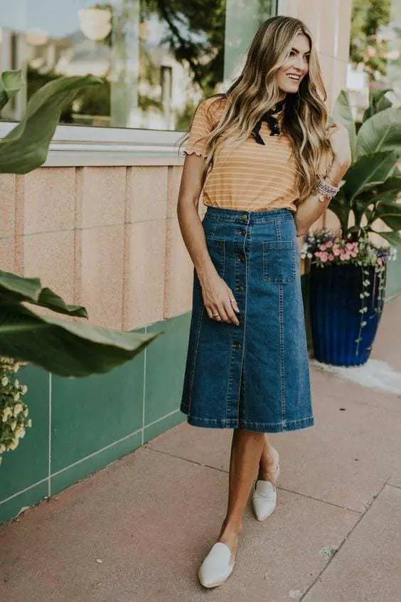 denim jacket and denim skirt outfit